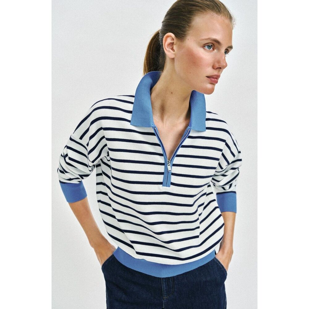 Zara Striped Knit Polo Sweater Half Zip Nautical Blue White Size S NWT